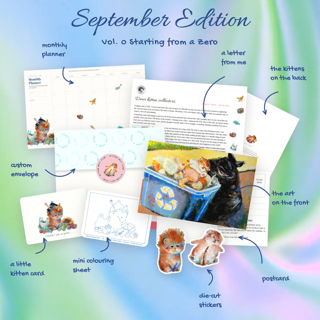 Everything in the envelope: a monthly planner, a letter, a postcard of an original painting, a little kitten card, a mini colouring sheet and die-cut stickers